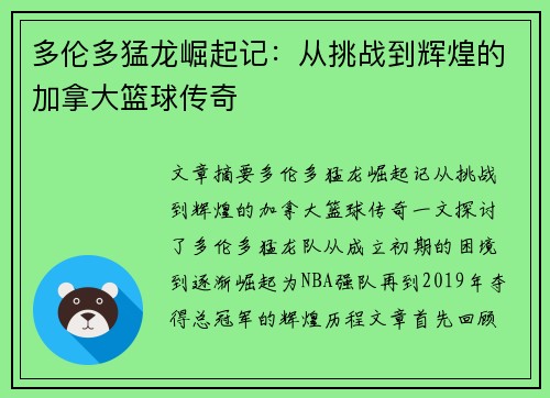 多伦多猛龙崛起记：从挑战到辉煌的加拿大篮球传奇